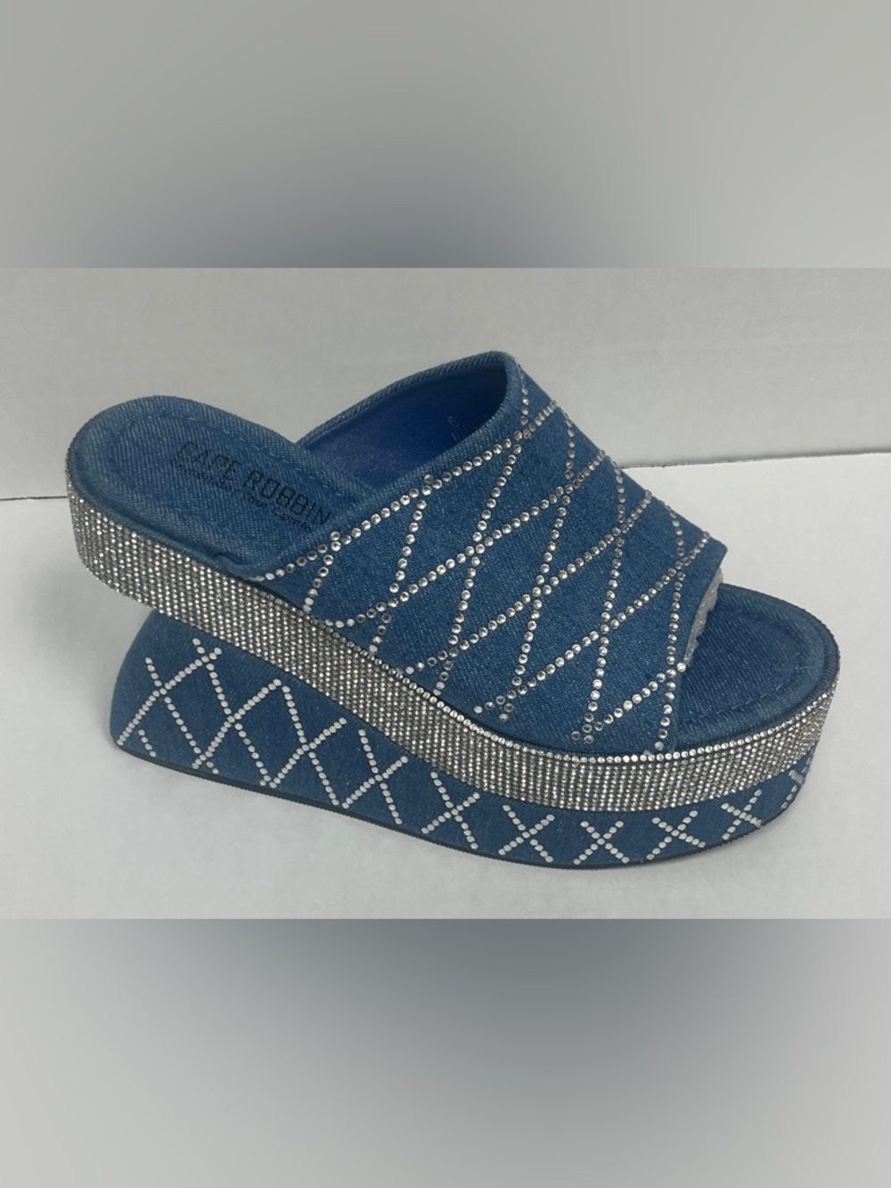 Cape Robin Blue Denim Rhinestone Embellished Women's Slip-On Wedge